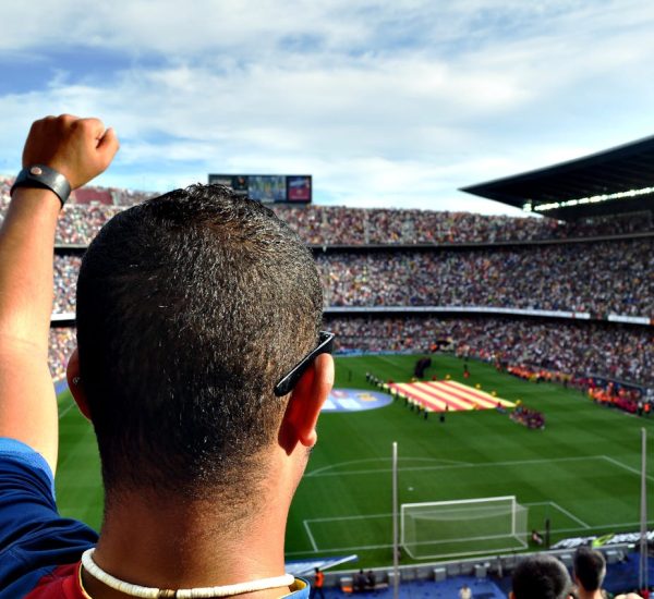 A passionate football fan cheers among a crowd at a bustling stadium, creating an electrifying atmosphere.